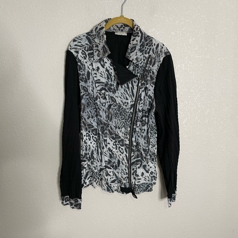 Albert Makali Mixed Media Animal Print Moto Jacket Medium - Picture 2 of 7